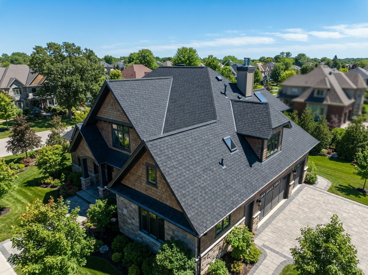 Completed residential roof with new shingles