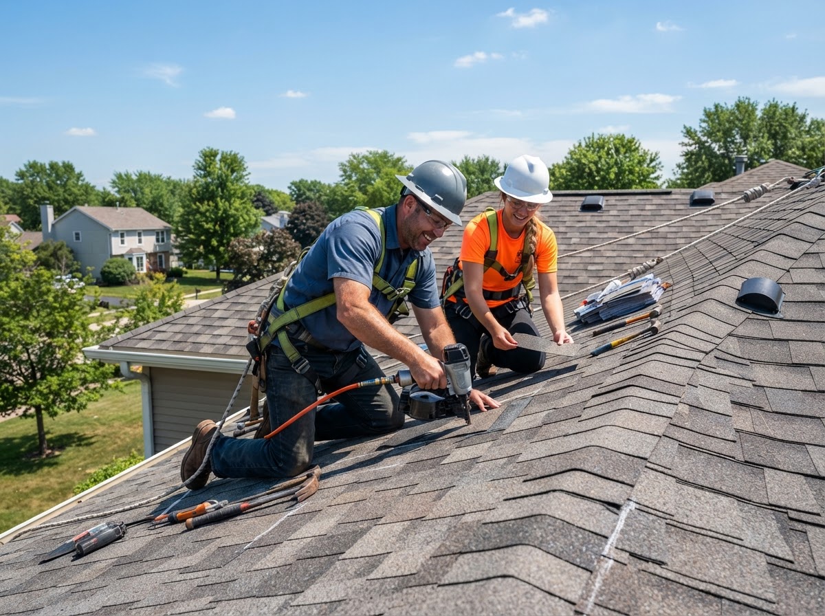 Professional roofers installing shingles on a residential roof