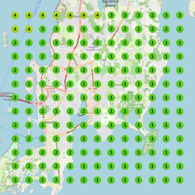 Google Maps ranking heatmap after 3.5 months showing top 3 rankings across service area