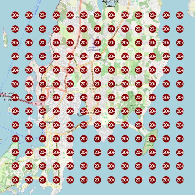 Google Maps ranking heatmap before optimization showing positions ranked 20+