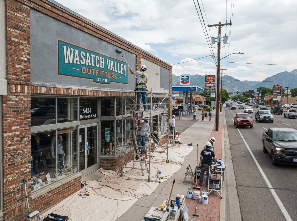 Commercial painting crew refreshing a retail storefront exterior in Taylorsville, UT