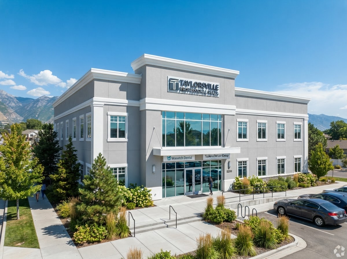 Commercial office building exterior with freshly painted trim and modern coating in Taylorsville, UT