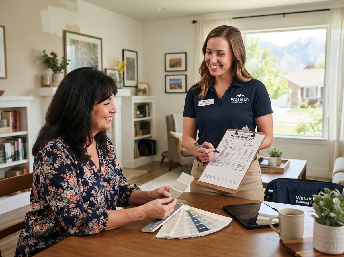 Taylorsville Painting Company estimator reviewing paint color swatches with a homeowner in Taylorsville, UT