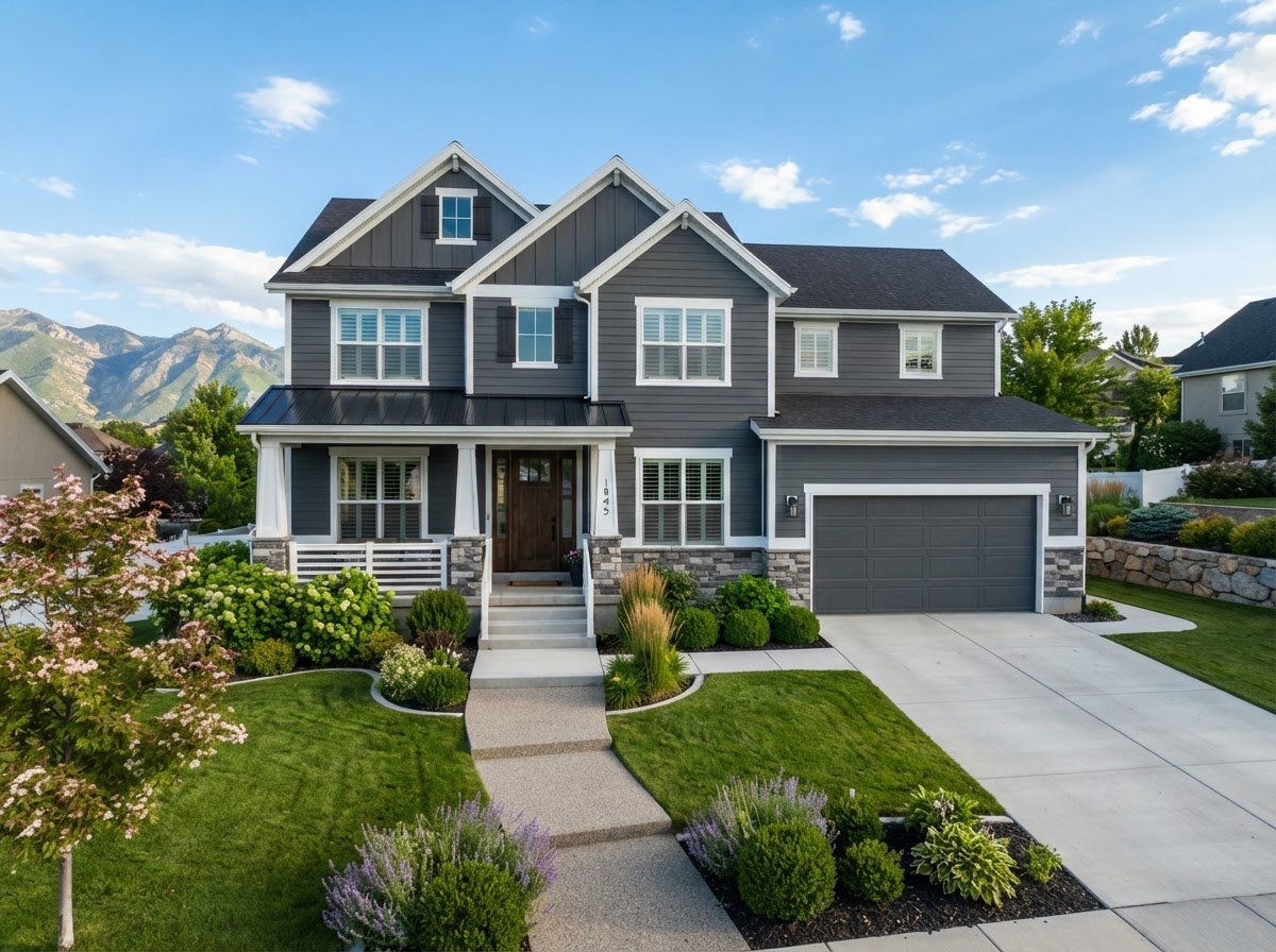 Taylorsville UT home exterior with freshly painted charcoal siding and white trim by professional painters