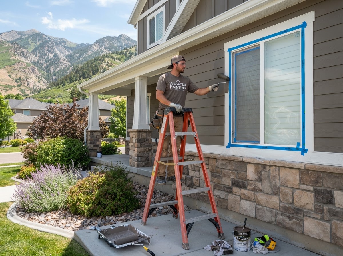 Painter preparing siding and taping window frames before exterior painting in Taylorsville, UT