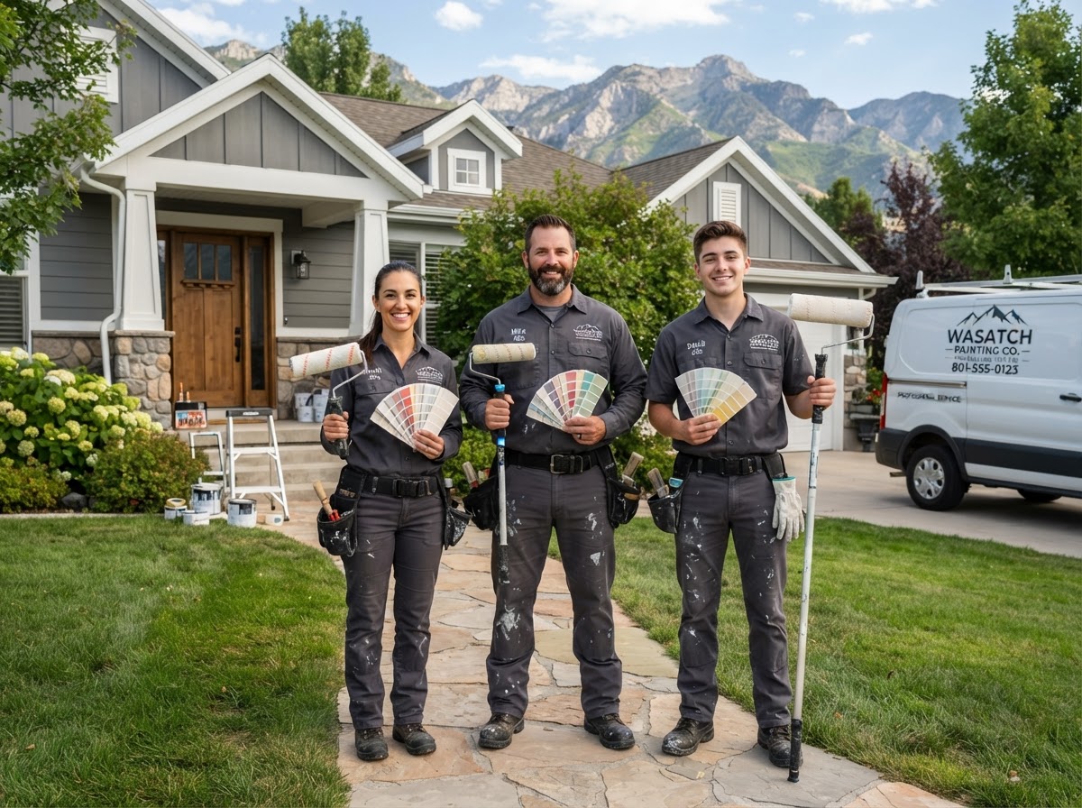 Taylorsville Painting Company team of professional painters holding rollers and color swatches in Taylorsville, UT