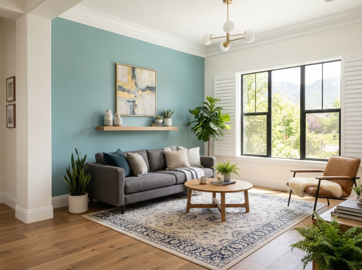 Freshly painted Taylorsville UT living room interior with crisp white trim and a teal accent wall