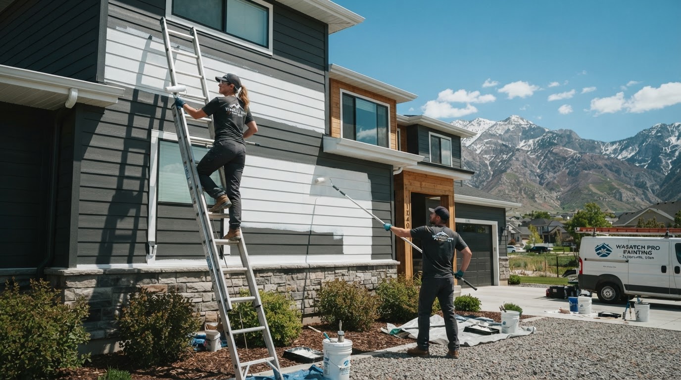 Taylorsville Painting Company crew painting a two-story home exterior in Taylorsville, UT