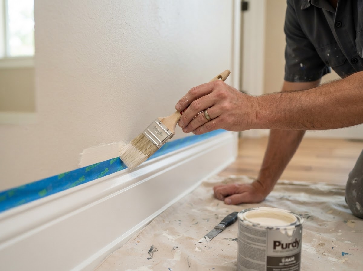 Painter cutting in clean precise lines along white baseboard trim in a Taylorsville, UT home