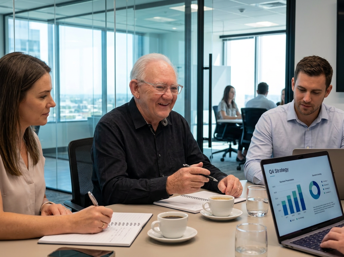Paul Chargois discussing business strategy with colleagues around a conference table