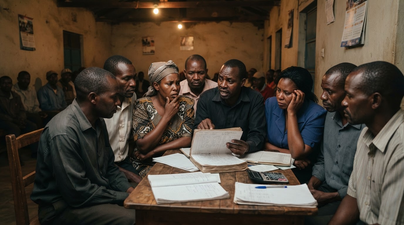 Concerned community members at a SACCO meeting — the shared worry we help groups turn into security