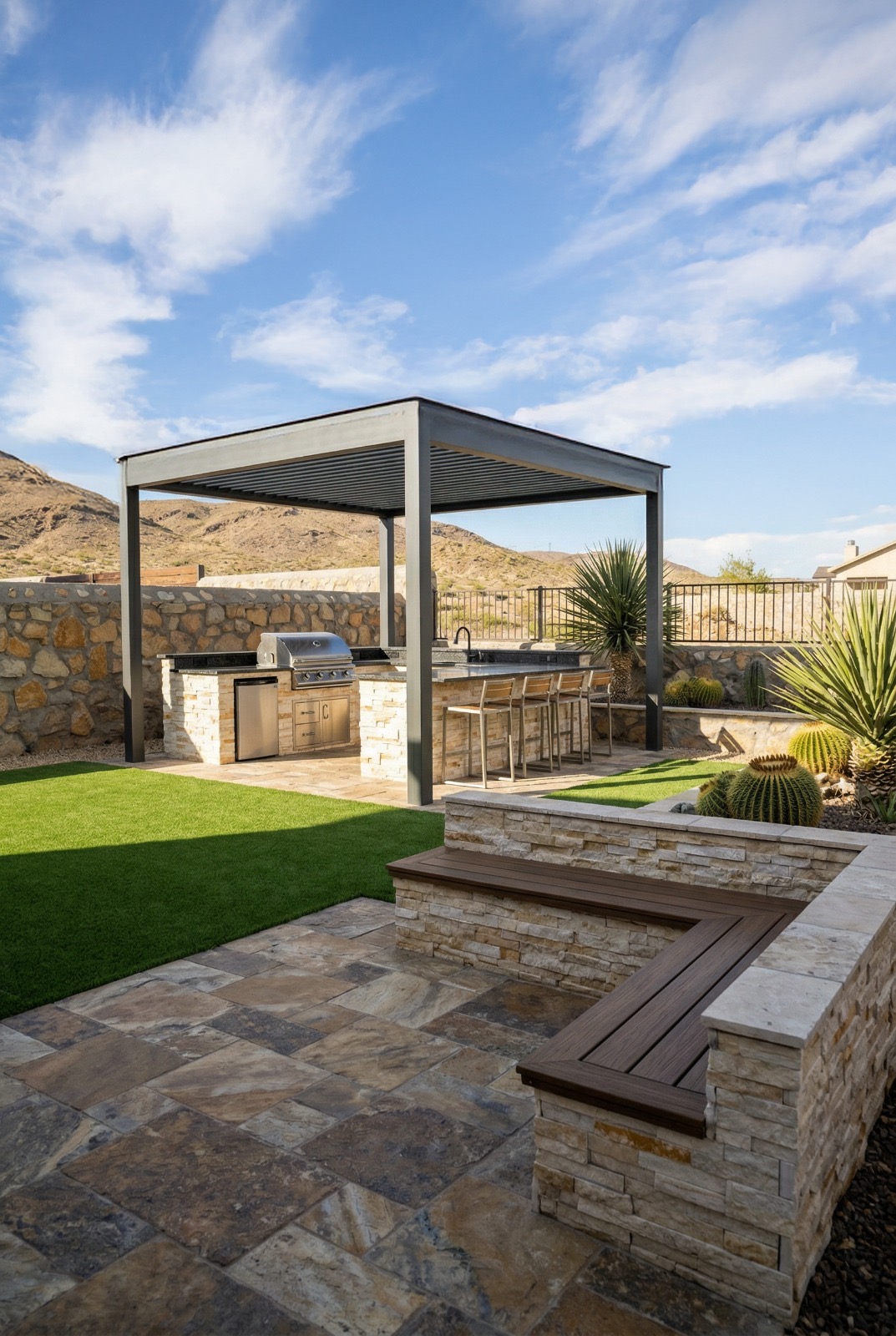 Louvered Pergola, Outdoor Kitchen & Stone Seating El Paso TX