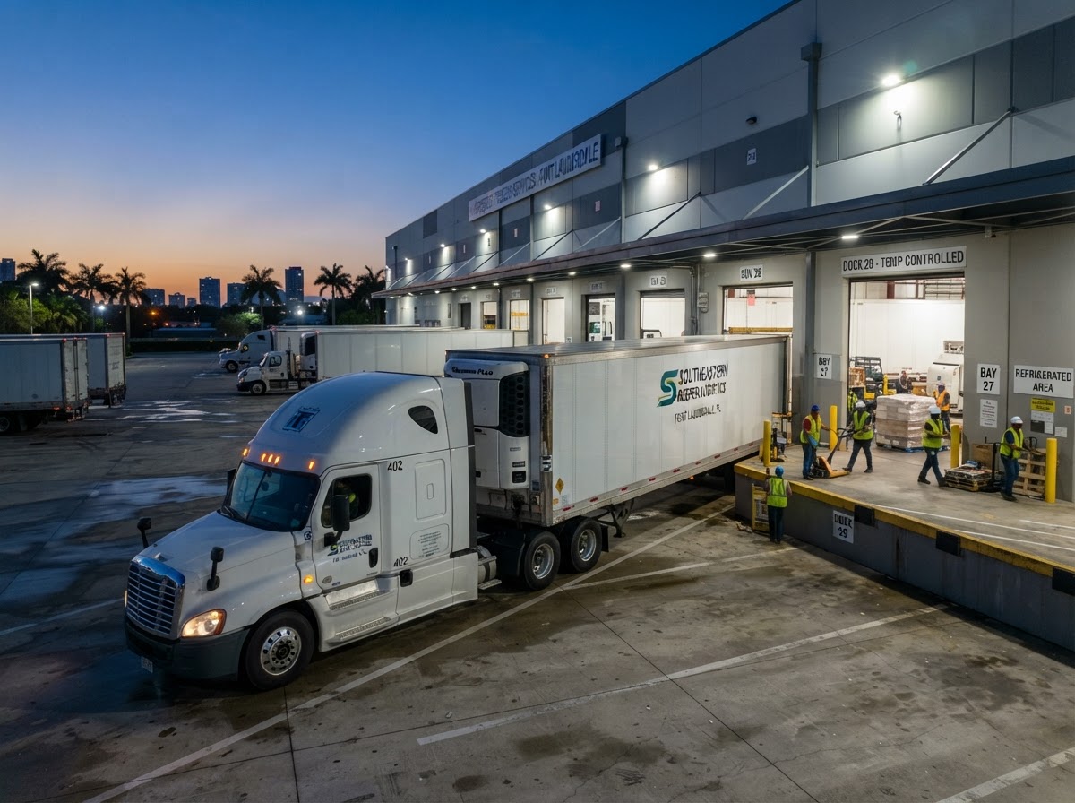 Refrigerated container truck arriving at Service Cold Storage loading bays