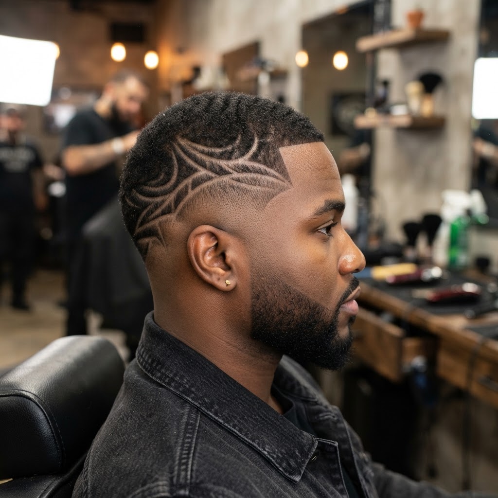 Black American man with custom freestyle razor-etched hair design patterns on a fresh fade