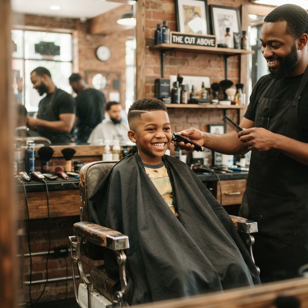 Young Black American boy getting a fresh clean haircut in the barber chair