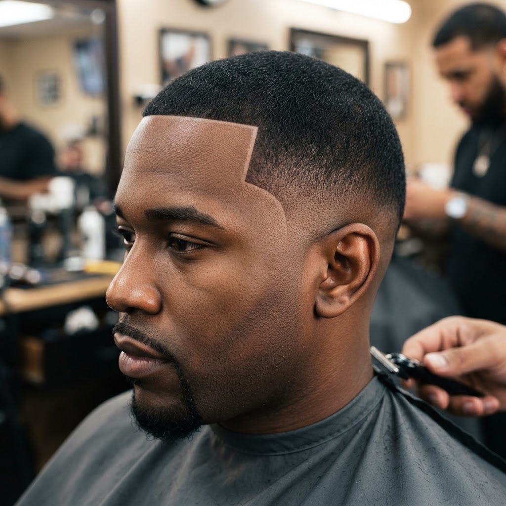 Close-up of a Black American man's razor-sharp hairline lineup with crisp edges