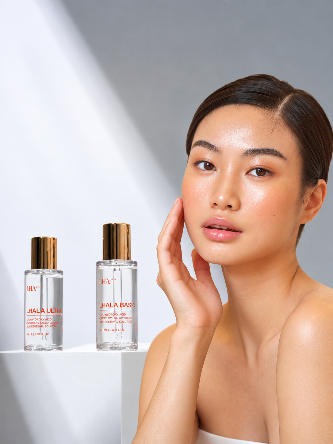 LHALA Korean skincare — model with authentic LHALA ULTRA and LHALA BASIC treatment solutions