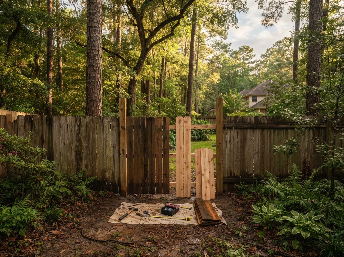 Cedar privacy fence in a wooded Kingwood backyard beneath pine canopy