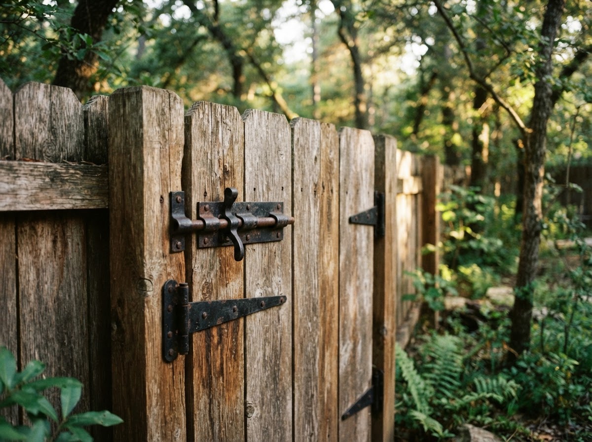 Wooden fence gate with metal hinges and latch hardware