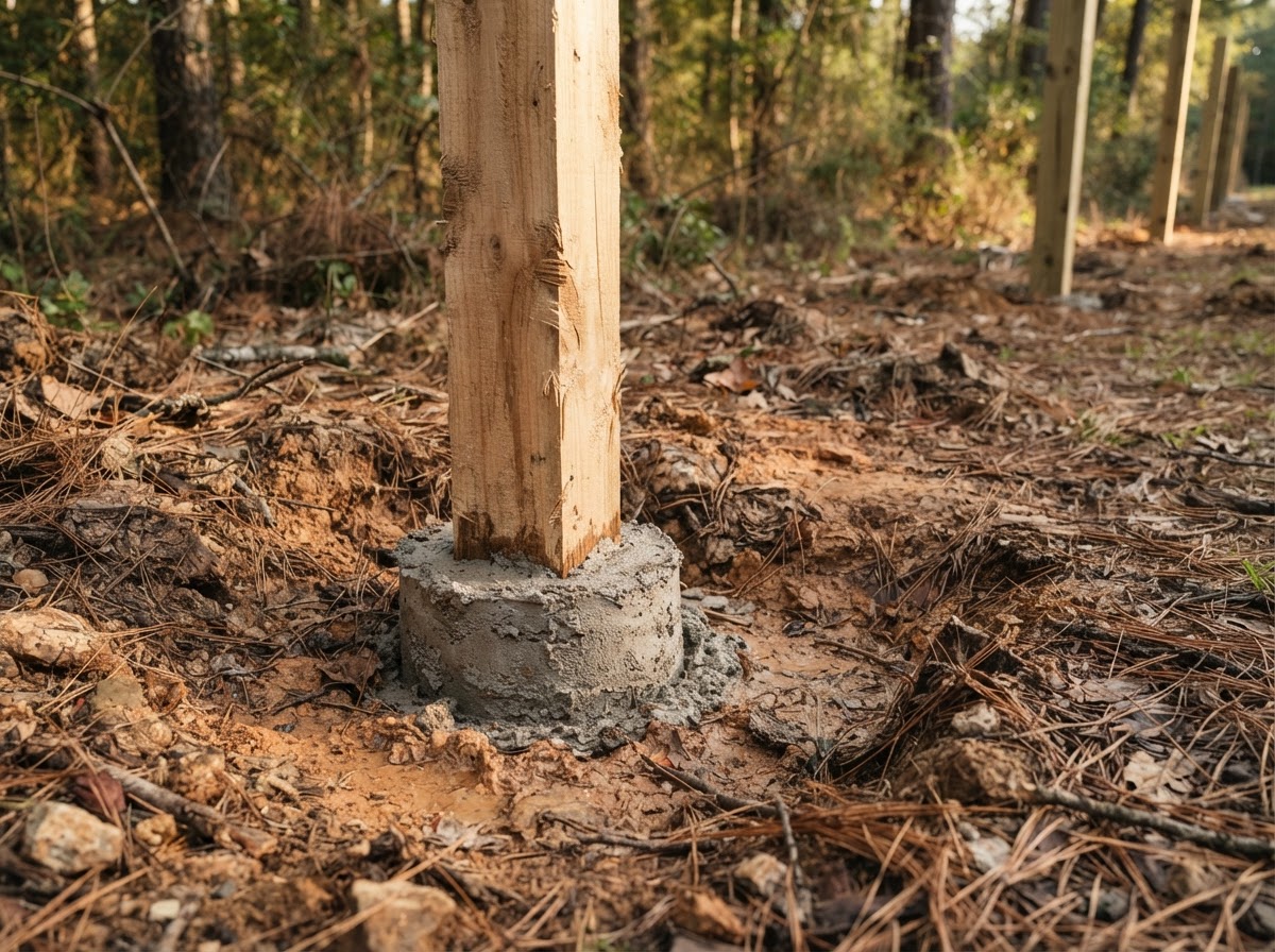 Cedar fence post set in concrete footing in clay soil