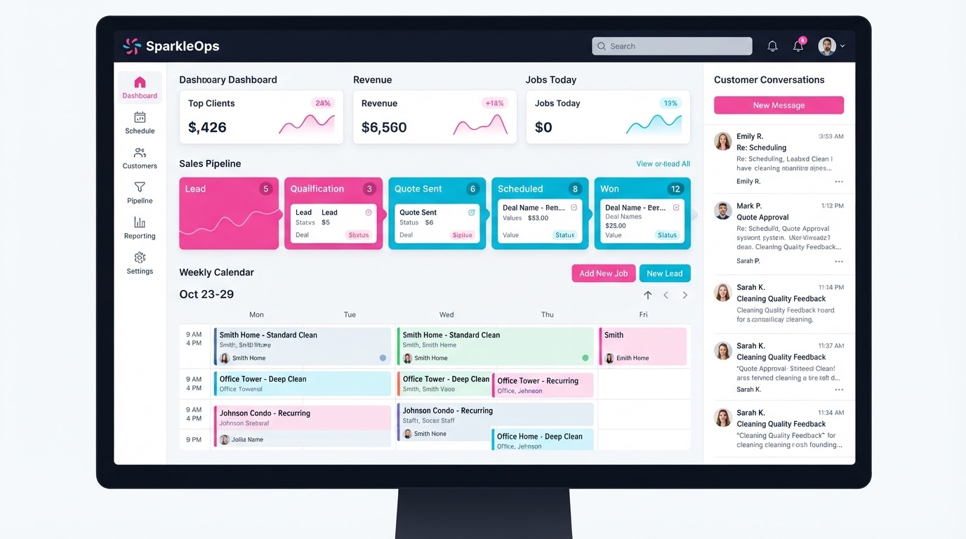 Tyden Solutions dashboard showing a cleaning business sales pipeline, weekly appointment calendar, invoicing and payment status, and customer conversation threads in one connected operating system