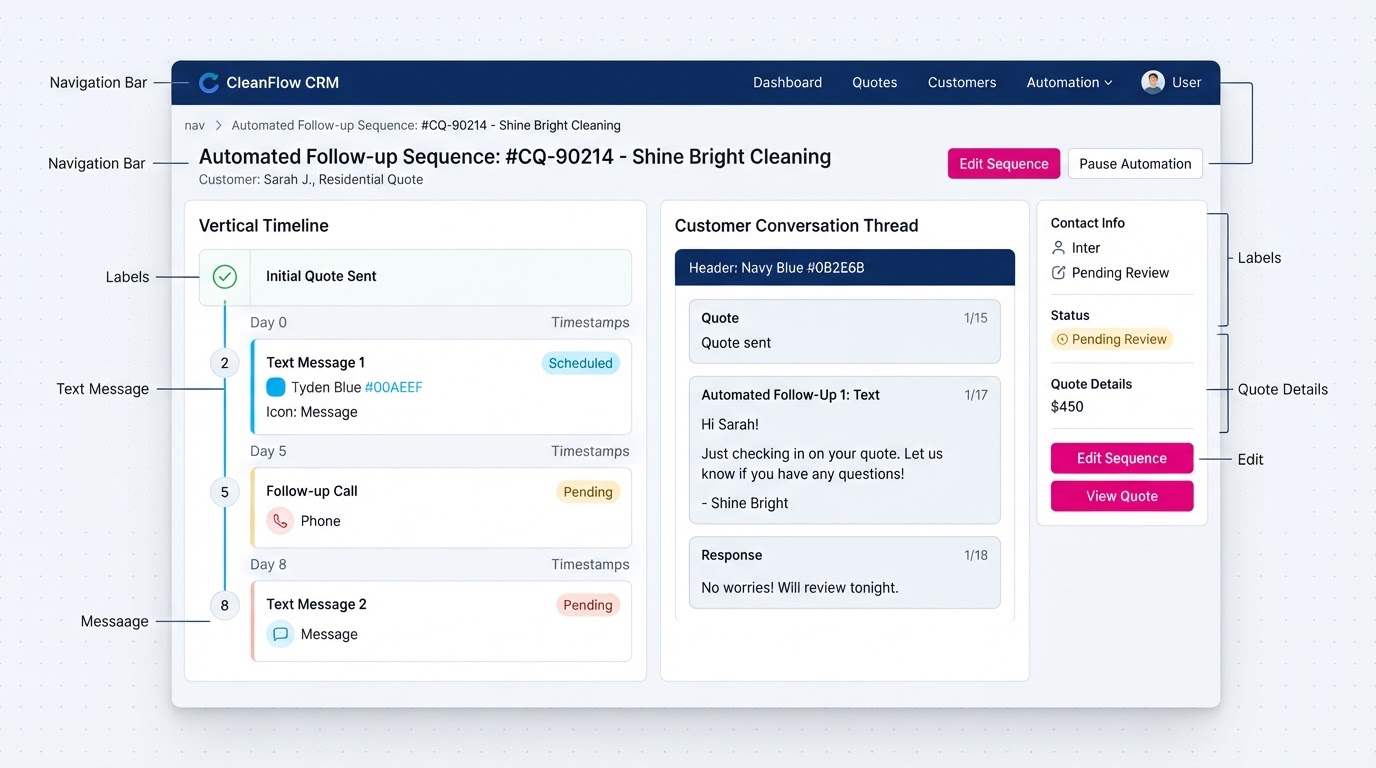 Automated follow-up sequence dashboard showing a timeline of text and call touchpoints connected to a customer conversation thread