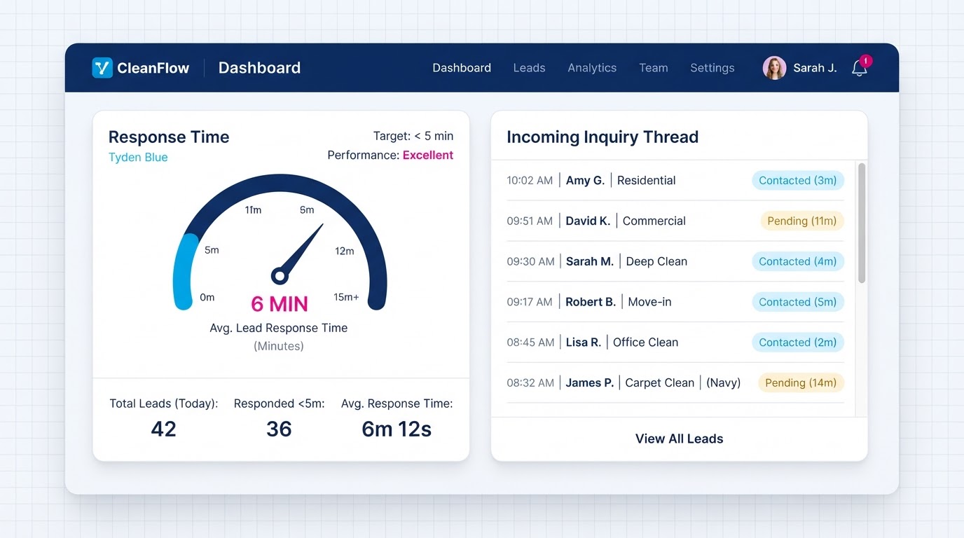 Lead response speed dashboard with a response-time gauge and a thread of incoming cleaning inquiries with timestamps