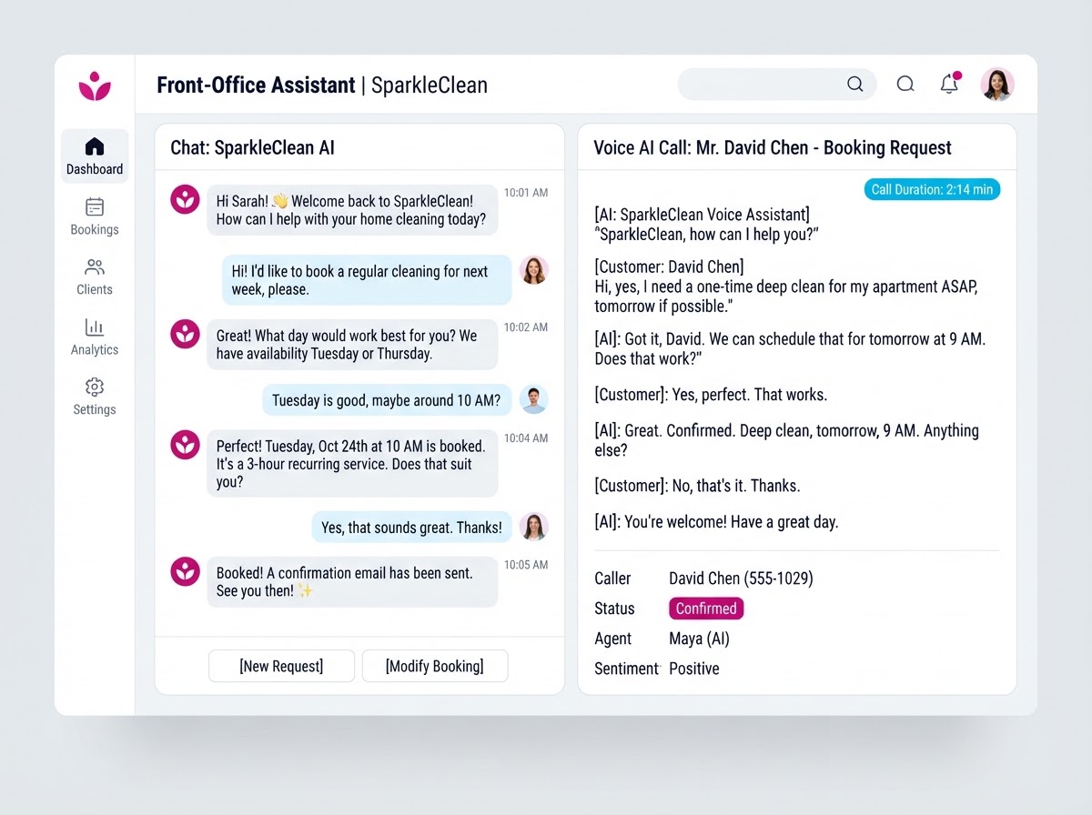 Tyden AI front-office assistant showing a chat conversation booking a cleaning appointment and a voice AI call transcript