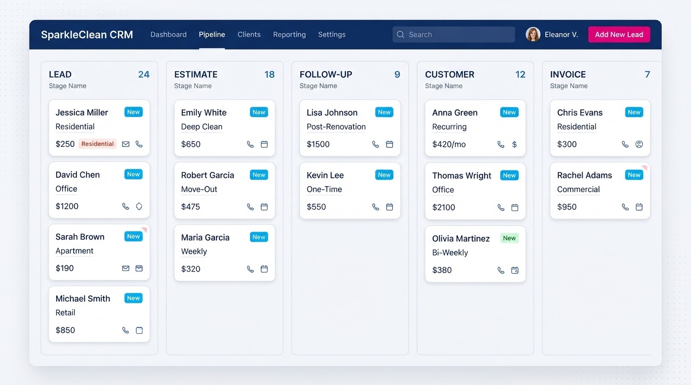 Cleaning business estimate pipeline dashboard showing lead cards moving through Lead, Estimate, Follow-Up, Customer, and Invoice stages