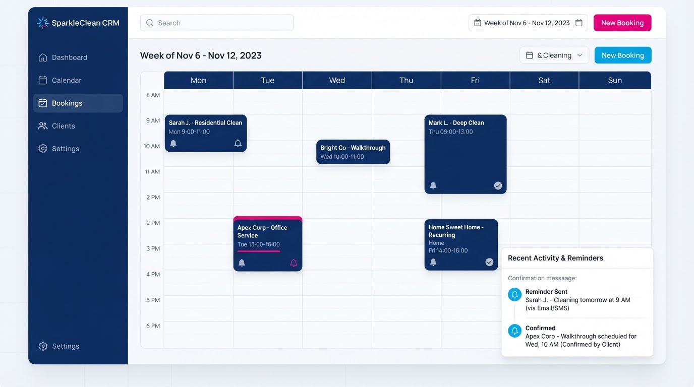 Cleaning company booking calendar with confirmed appointment blocks, reminder icons, and a confirmation message thread
