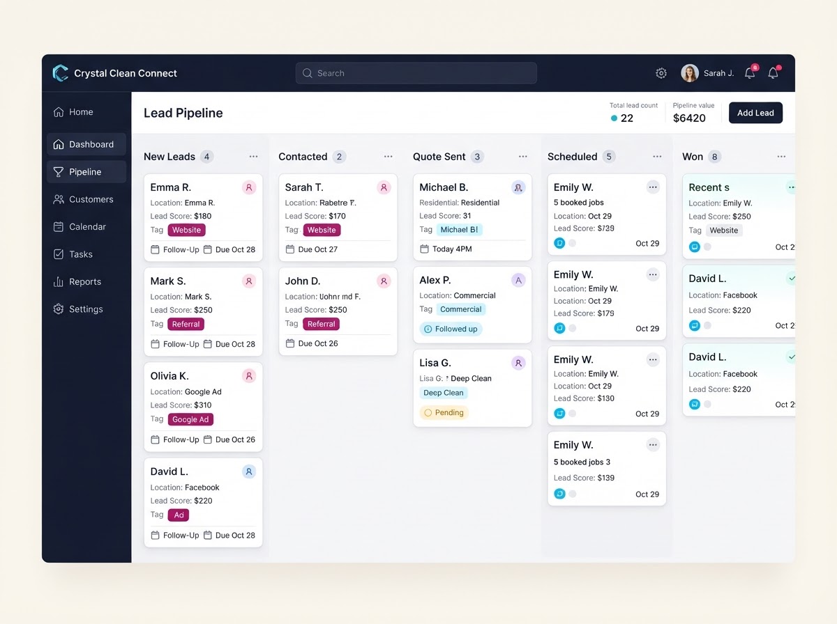 Tyden CRM lead pipeline board showing cleaning service leads moving through deal stages with source tags and follow-up reminders