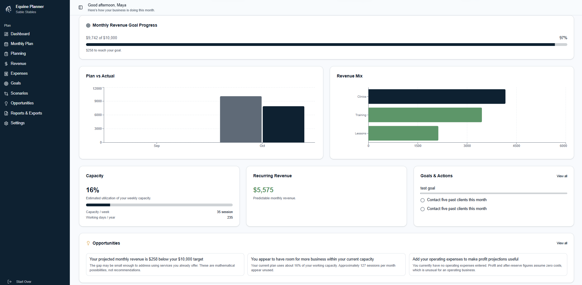 Equine Business Planner dashboard showing monthly revenue goal progress, plan vs actual tracking, revenue mix, and capacity metrics