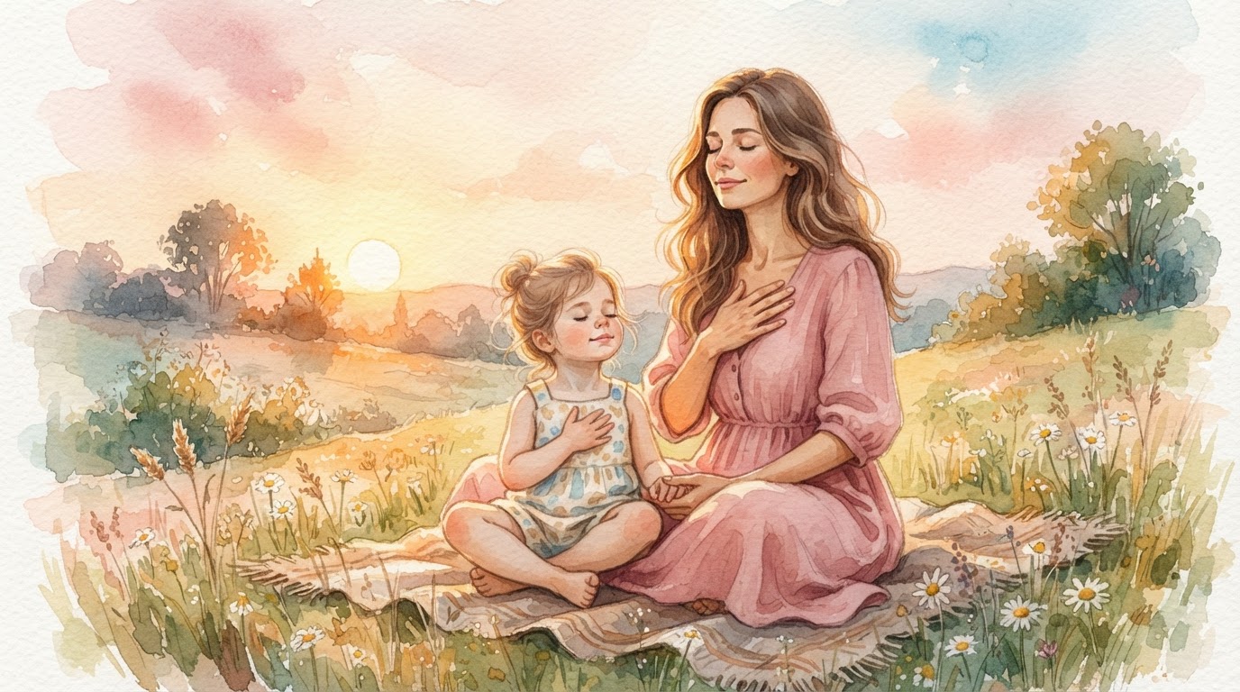 A parent and child sitting together at golden hour, hands on hearts, taking a calm deep breath