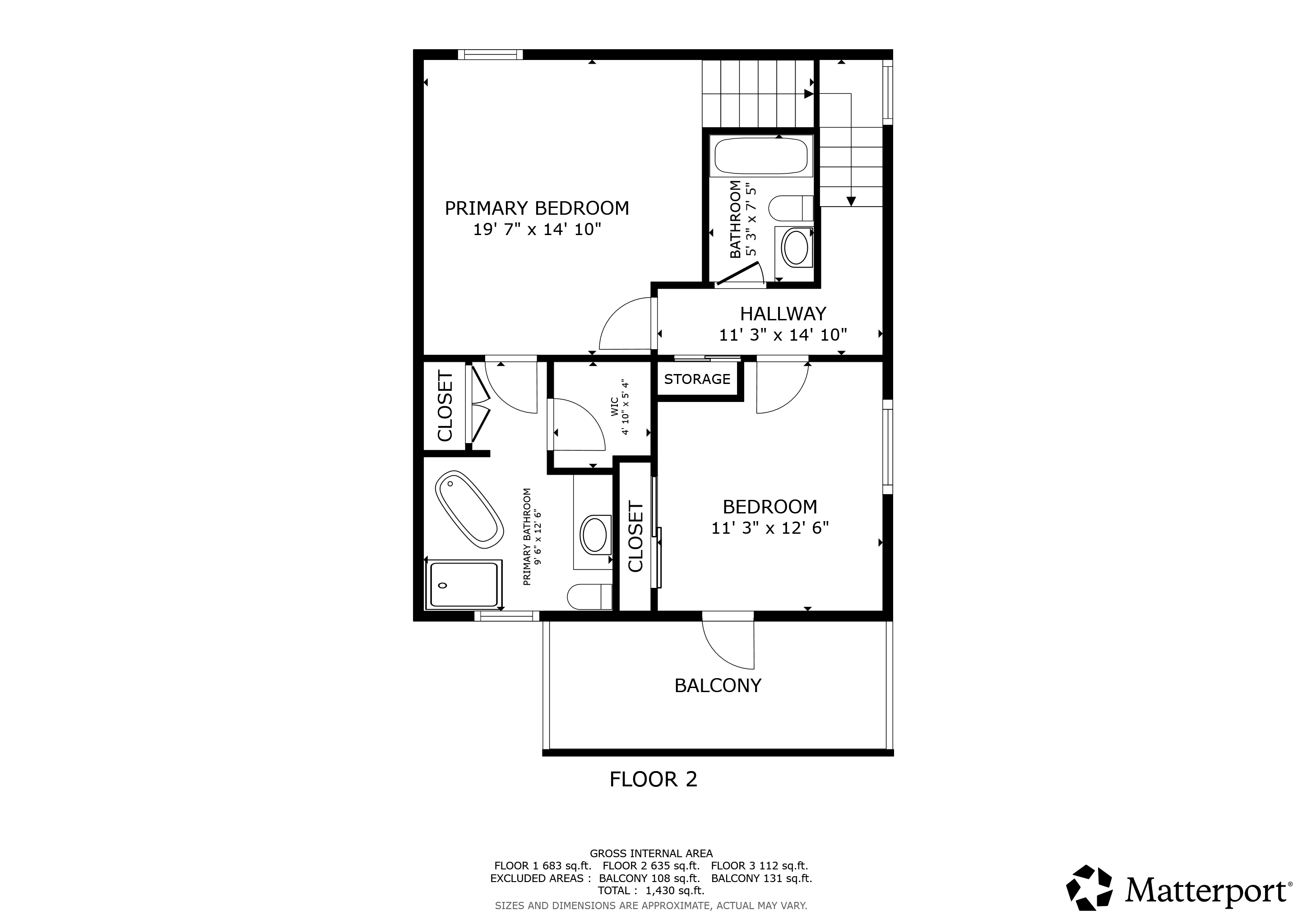 Floor 2 Layout: Primary Bedroom Suite, Guest Bedroom, 2 Full Baths, Balcony