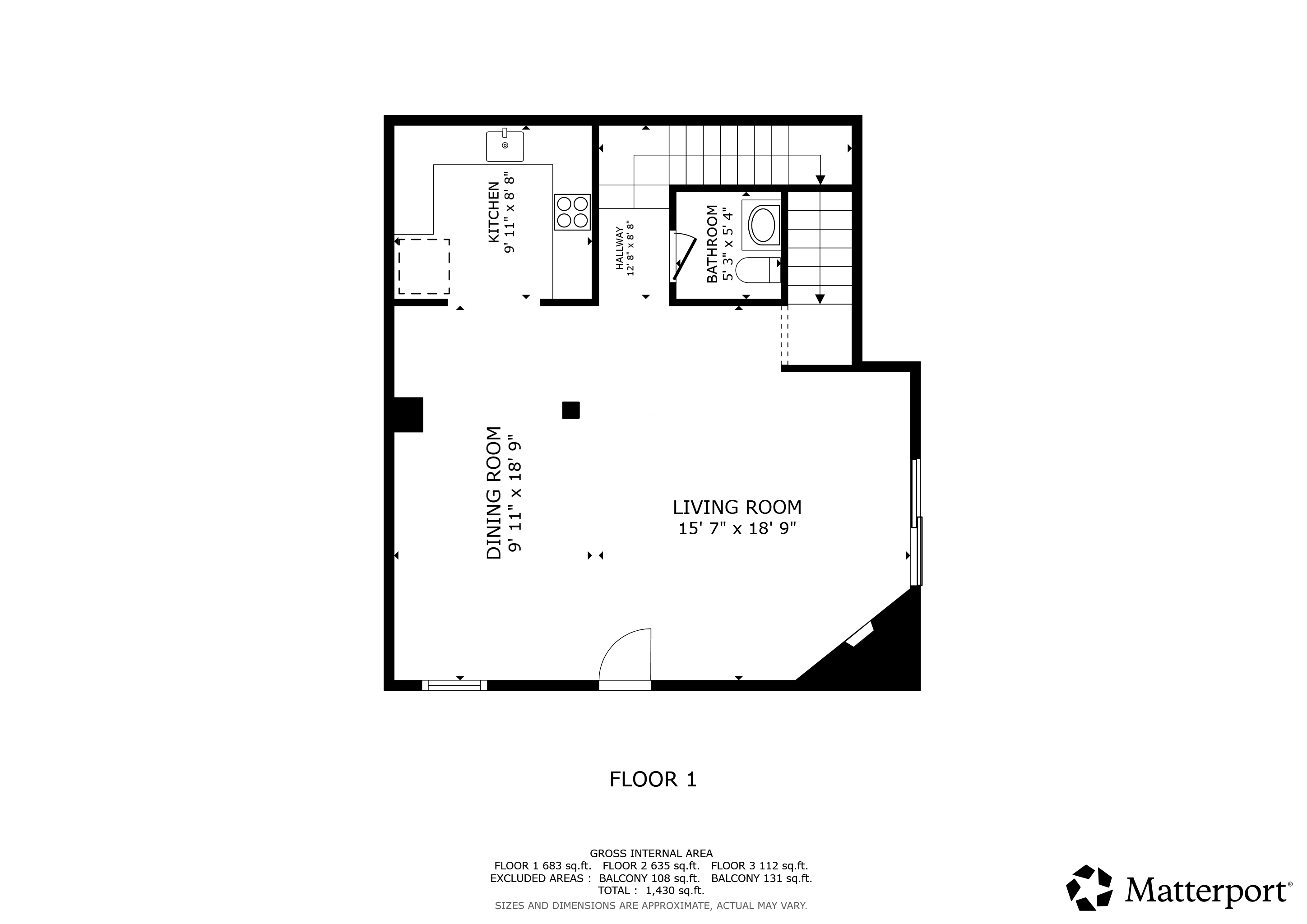 Floor 1 Layout: Living, Dining, Kitchen, Bath, Balcony
