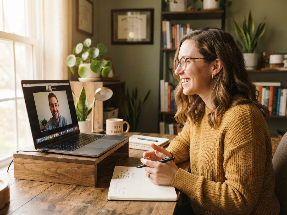 Advisor on a virtual video meeting with a client from a home office