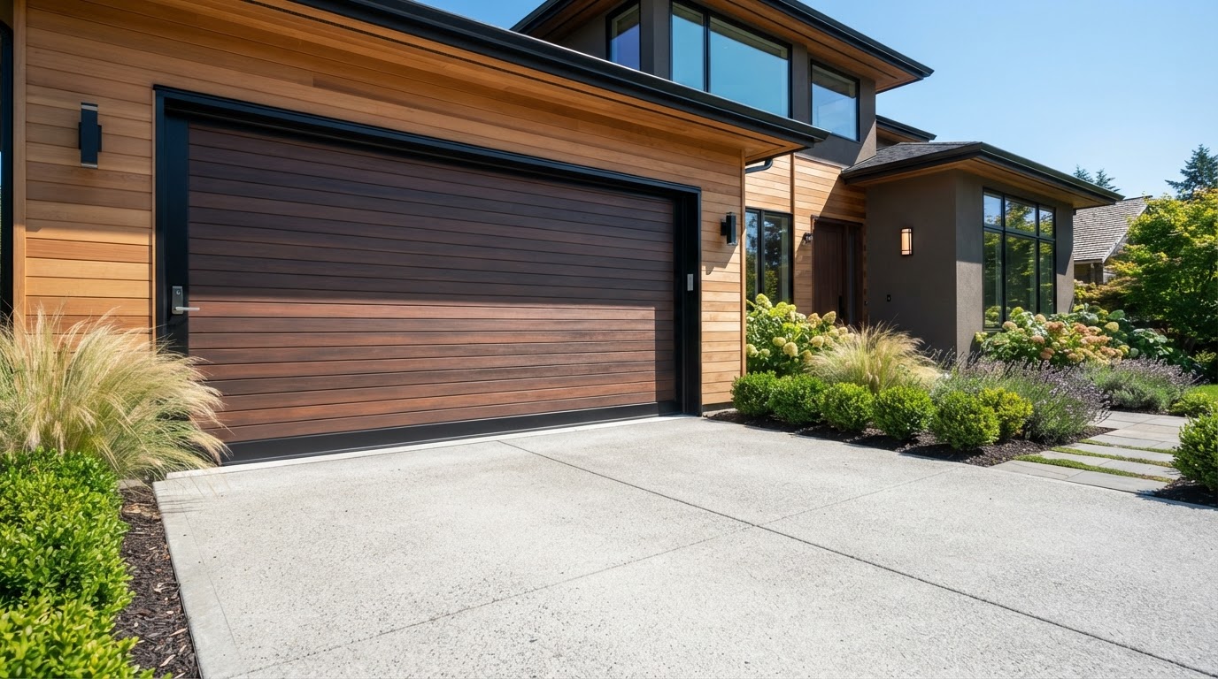 Upscale residential home with a closed garage door and clean driveway, showing the bottom weather seal meeting the concrete