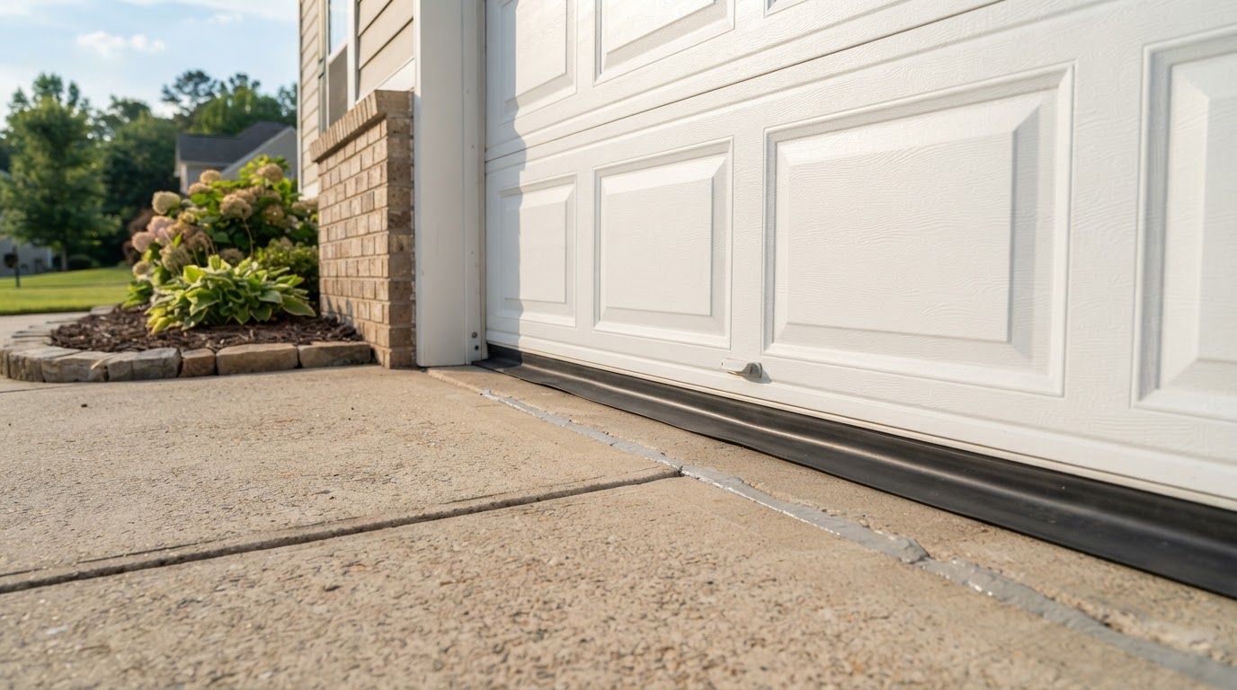 Exterior bottom of a residential garage door and weather seal meeting a clean concrete driveway