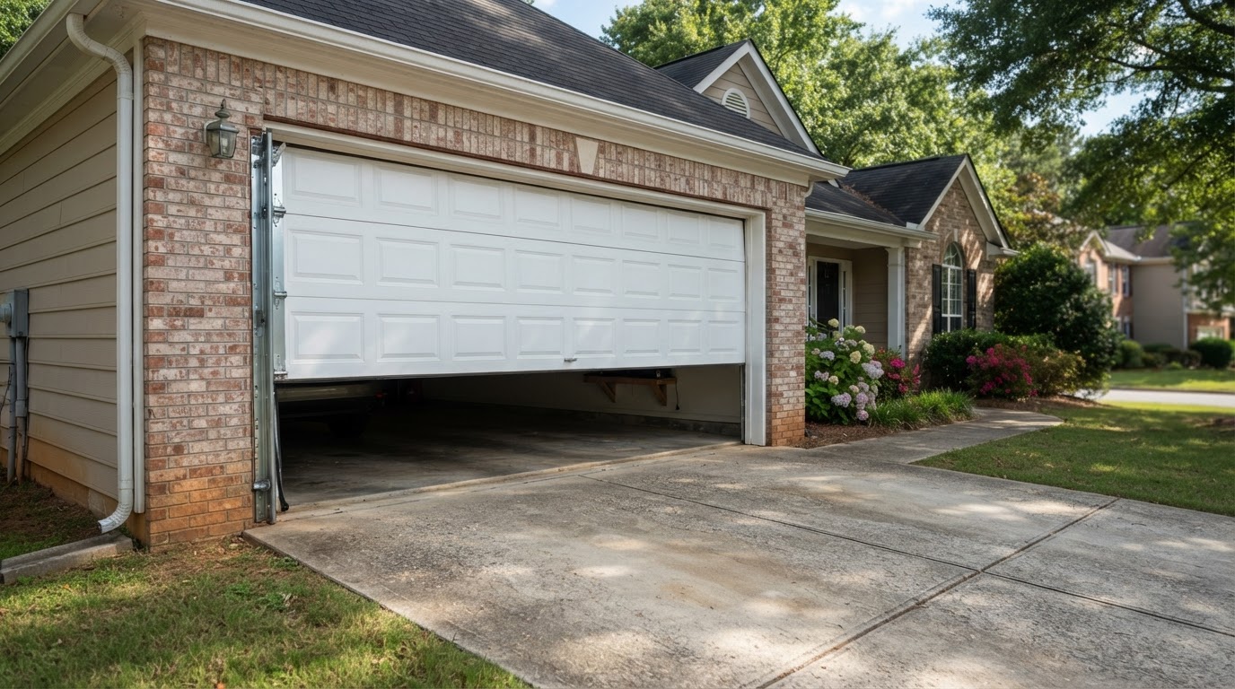 Residential garage door that has started opening but stopped only a few inches above the ground