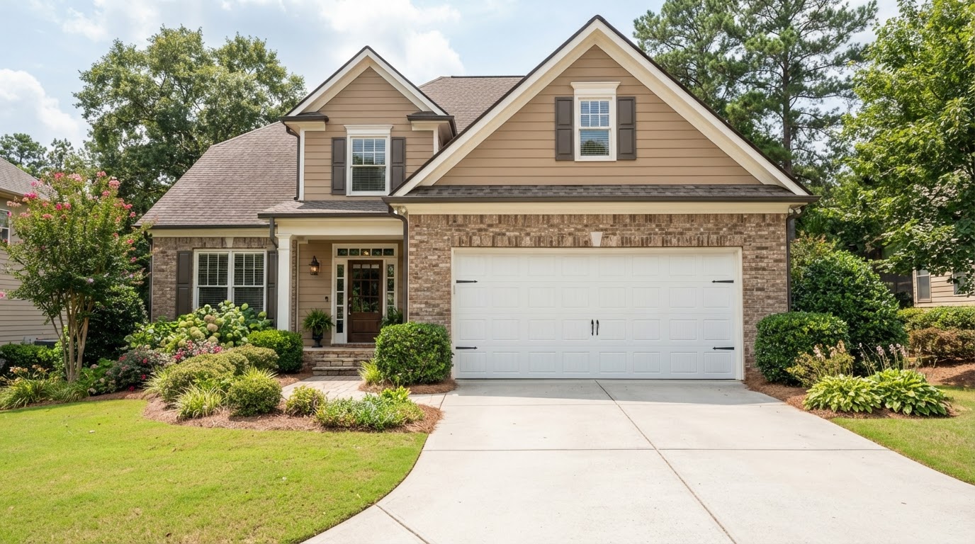 Residential home in Middle Georgia with an attractive garage door as the main visual focus