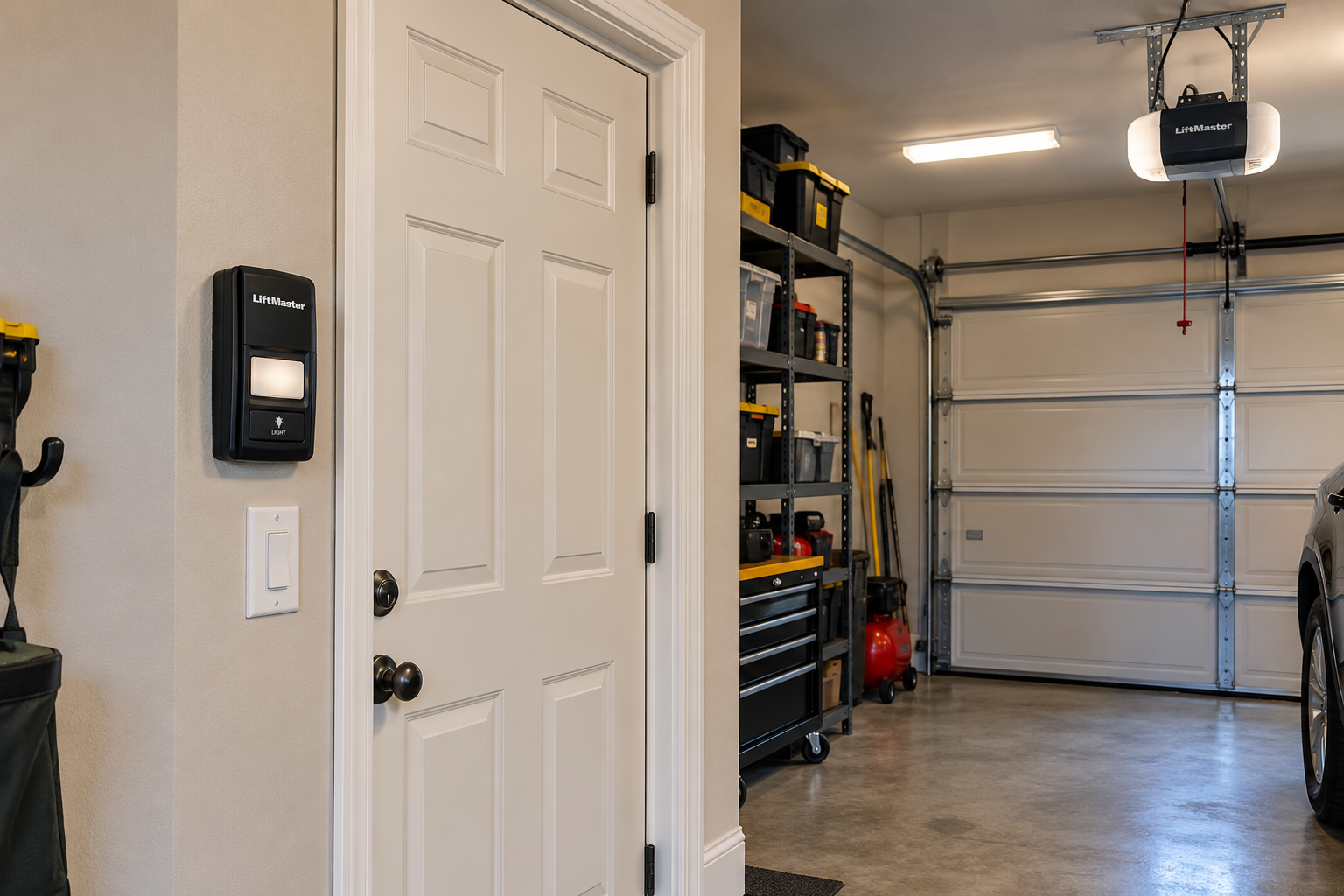 Garage door opener wall control inside a residential garage