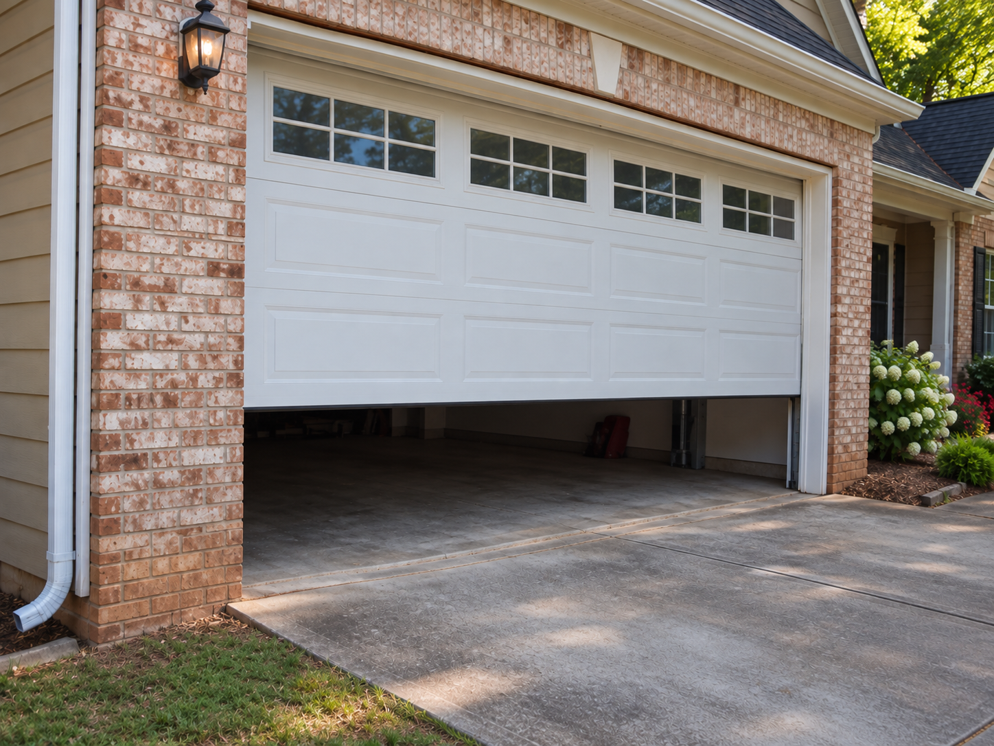 Residential garage door that has started opening but stopped only a few inches above the ground