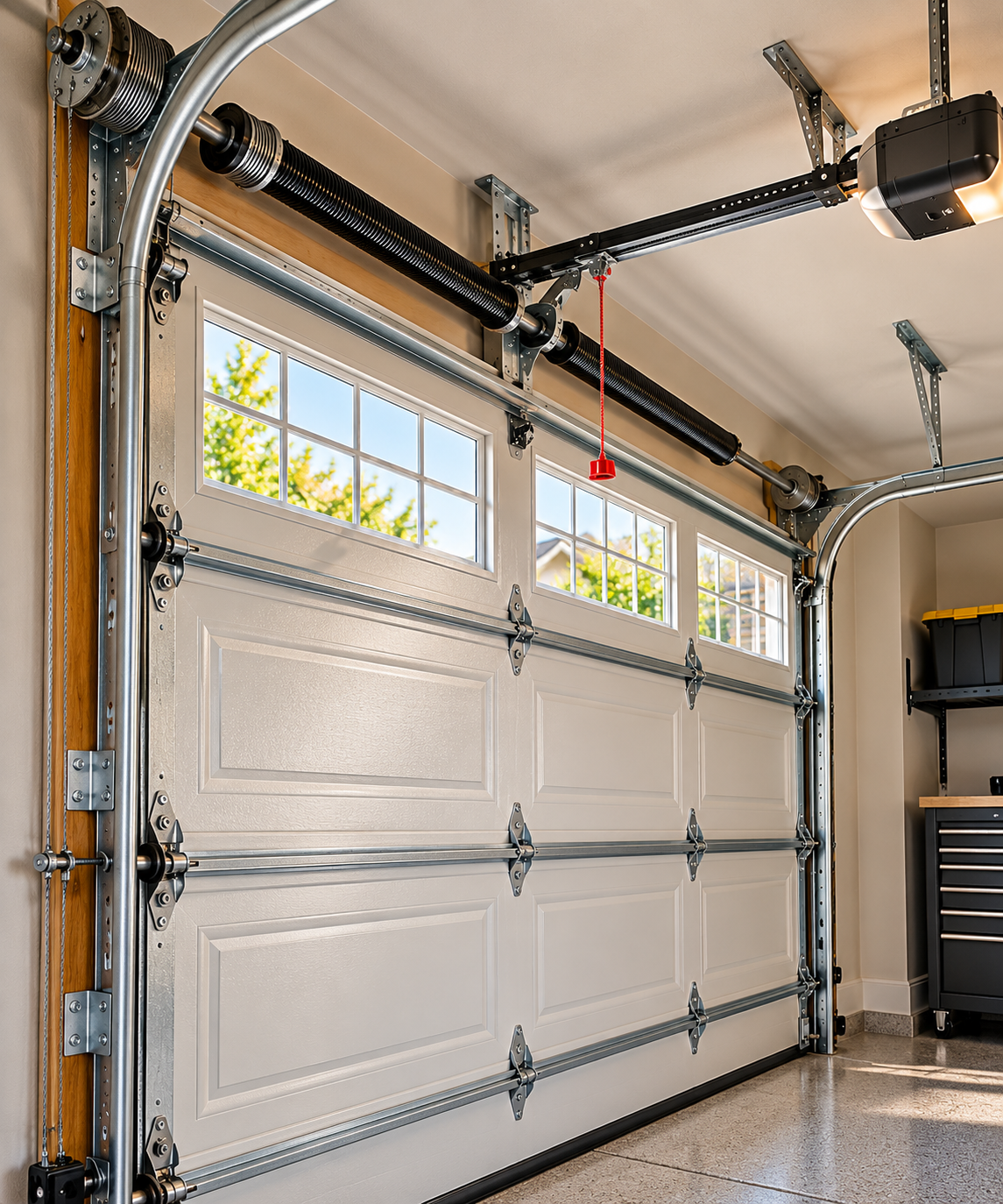 Well-maintained residential garage door system showing torsion spring, tracks, rollers, and opener assembly
