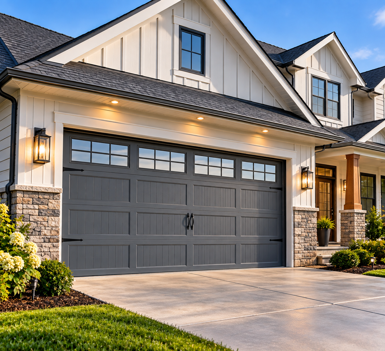 Technician performing garage door maintenance and safety tune-up