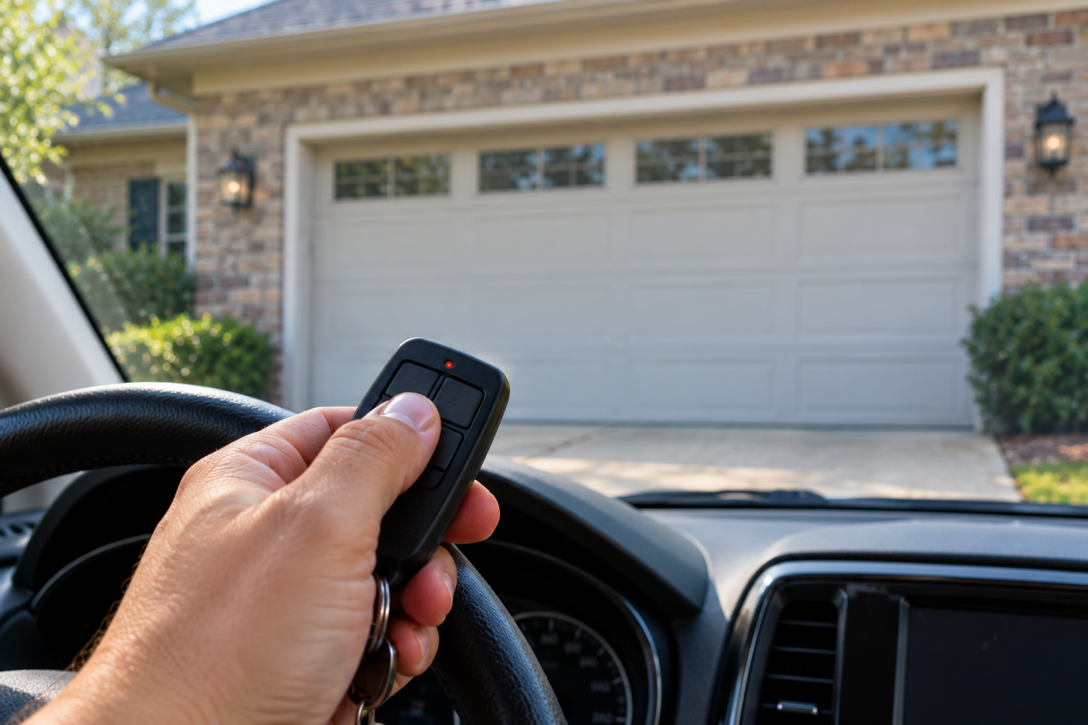 Homeowner pressing a garage door remote while the garage door stays closed