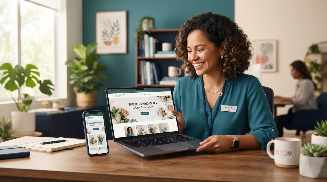 Small business owner reviewing a professional website on a laptop and smartphone