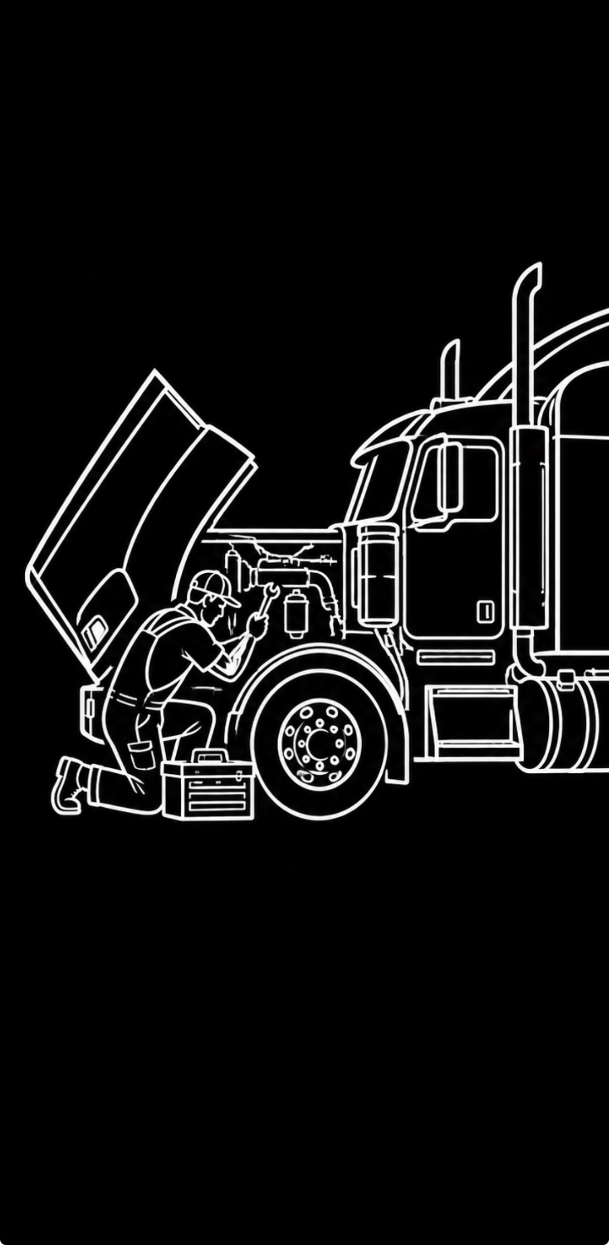 Mobile heavy-duty mechanic illustration inspecting under the hood of a semi truck