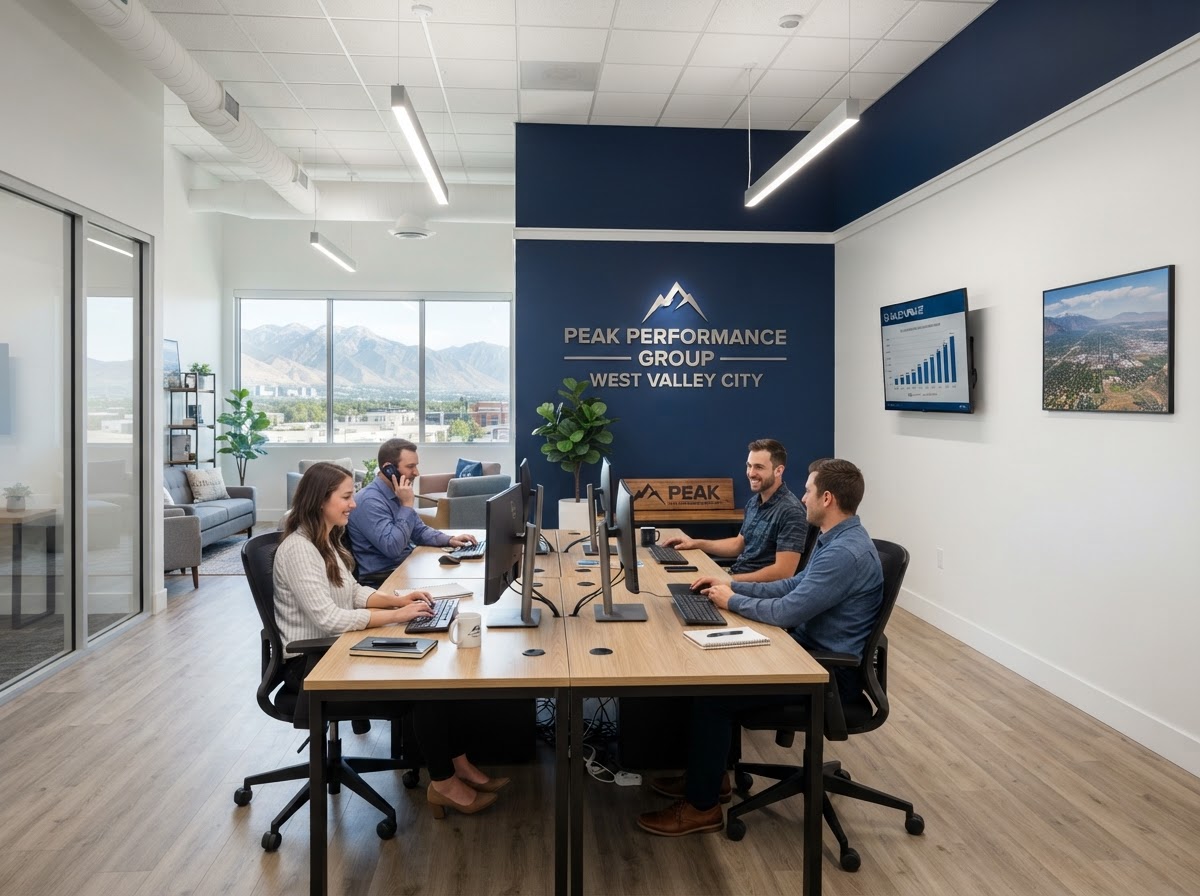 Freshly painted commercial office interior with a navy accent wall and clean trim, by a commercial painter in West Valley City, UT