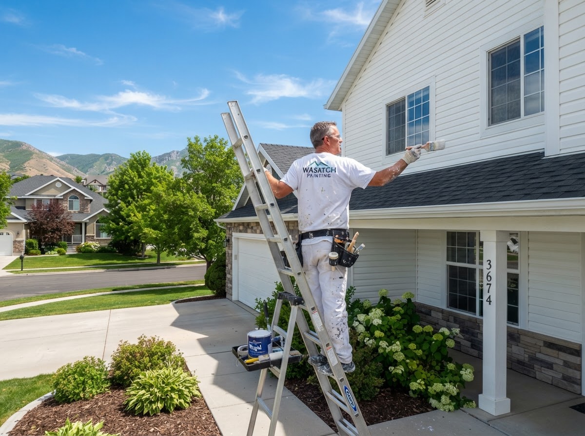 Painter on a ladder brushing fresh white paint onto home siding during an exterior repaint in West Valley City, UT