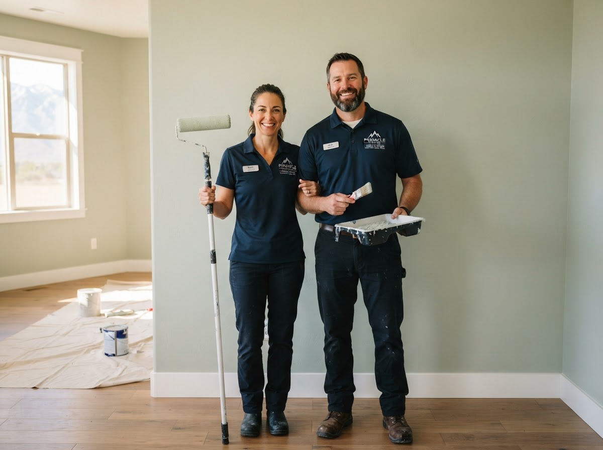 Painting crew standing together in a freshly painted home interior holding tools, by a painting company in West Valley City, UT